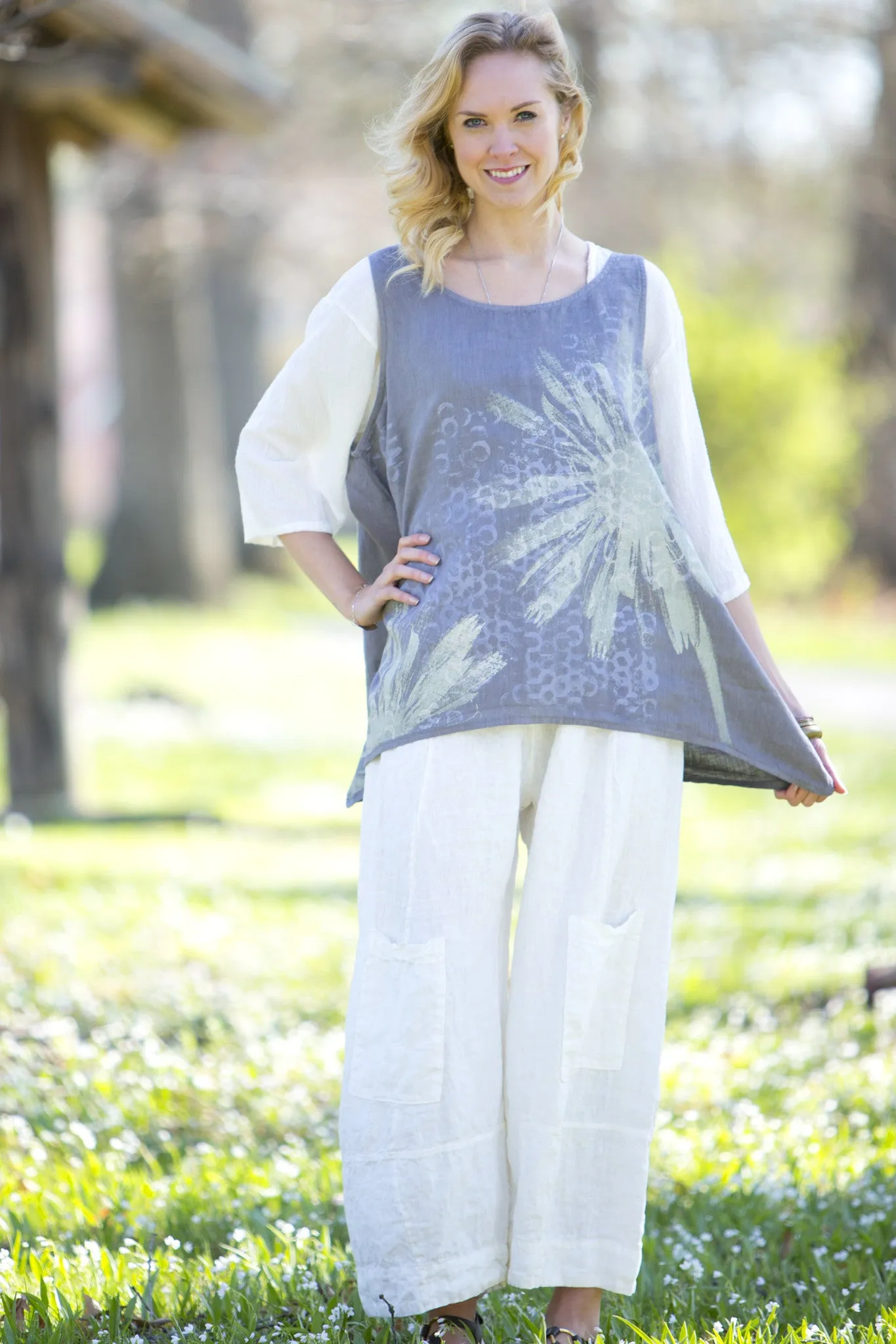 1196B Linen Tank Printed-Blue Fish Clothing