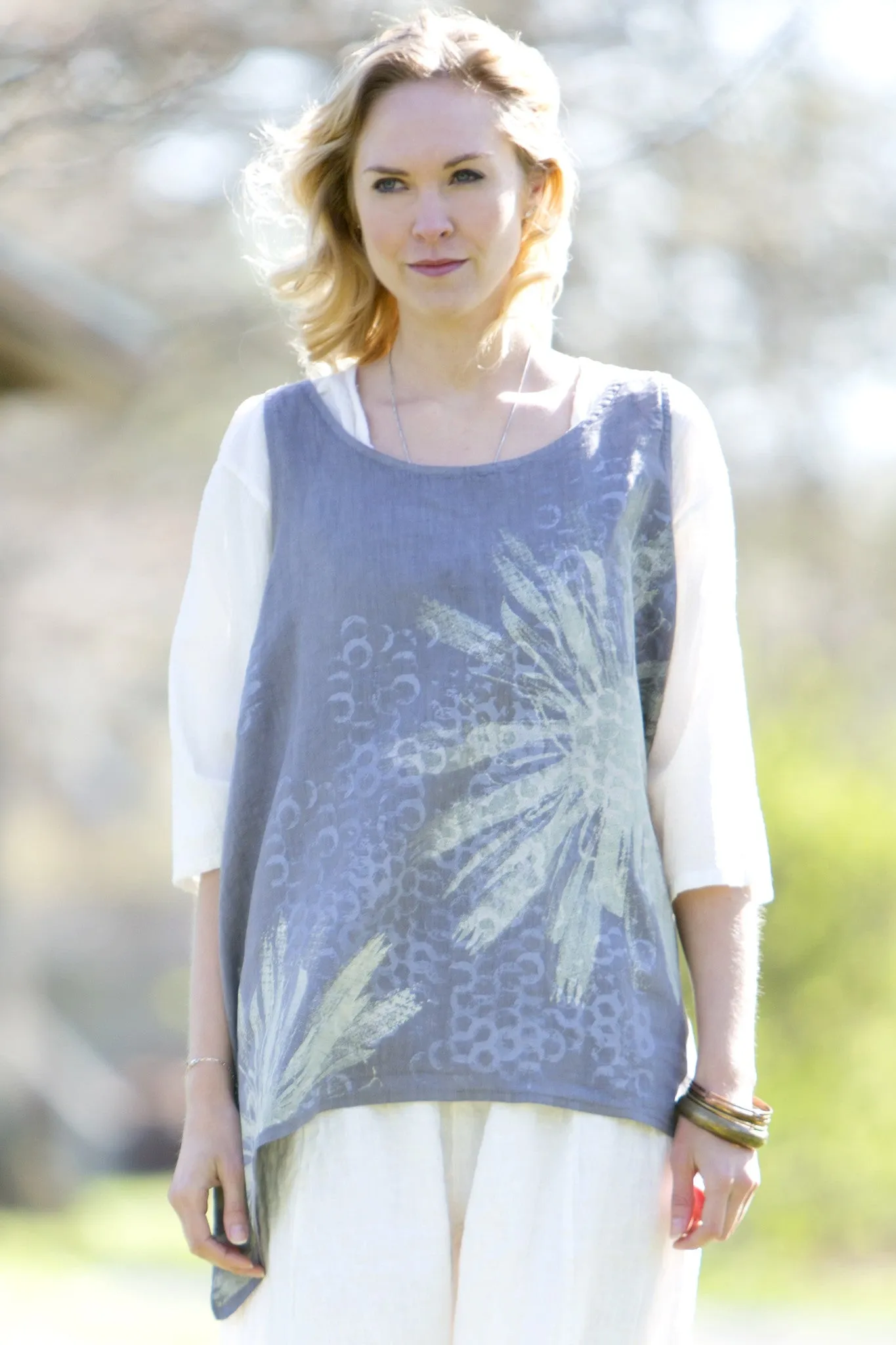 1196B Linen Tank Printed-Blue Fish Clothing