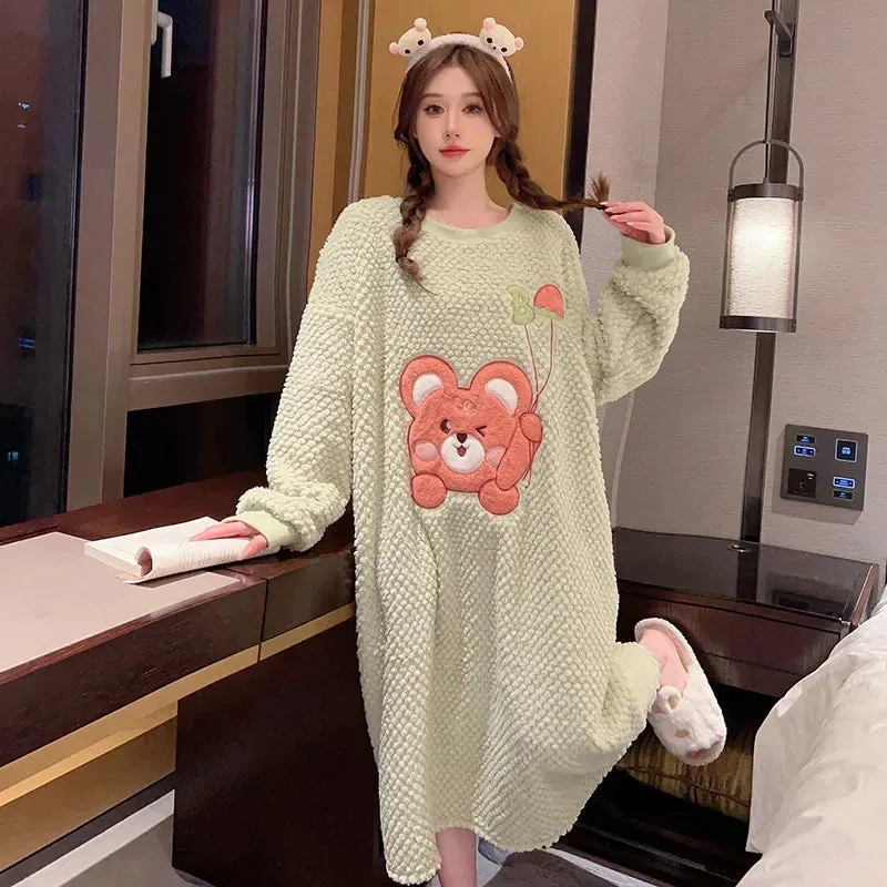 150kg 5XL Thicken Coral Fleece Nightgown Women Large Size Pajamas Autumn Winter Thickened Home Dress Sweet Cartoon Loungewear