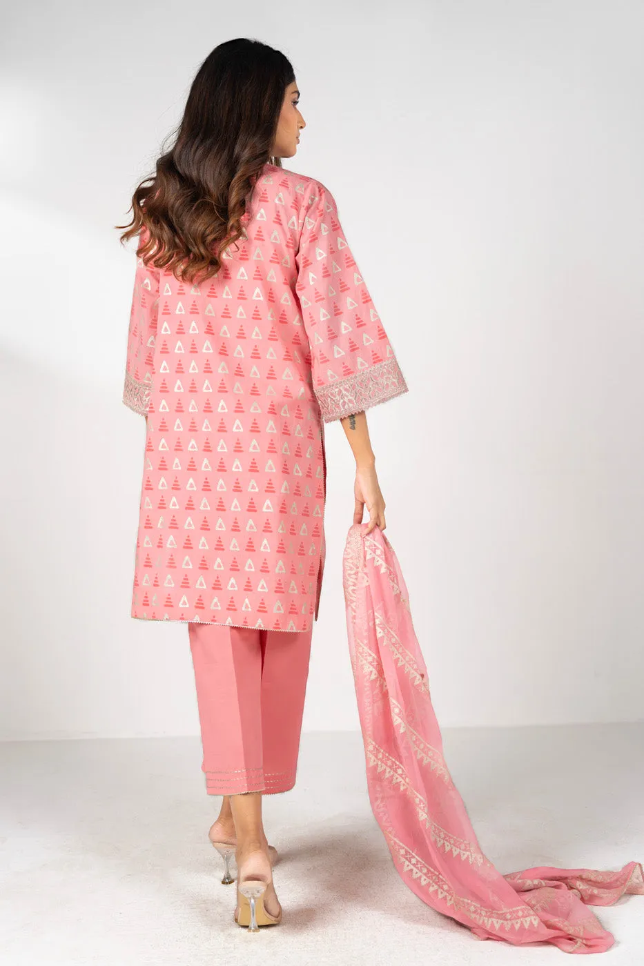 3 Pc Embroidered Dust Paste Printed Lawn Suit With Printed Chiffon Dupatta