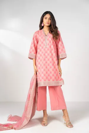 3 Pc Embroidered Dust Paste Printed Lawn Suit With Printed Chiffon Dupatta