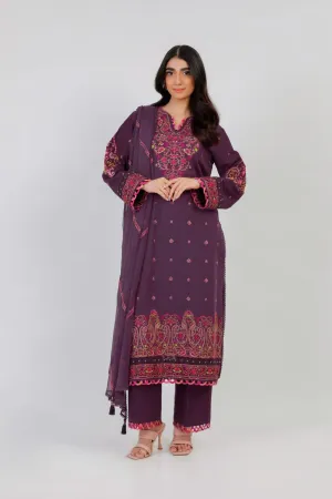 3 Pc Embroidered Khaddar Suit With Chiffon Dupatta