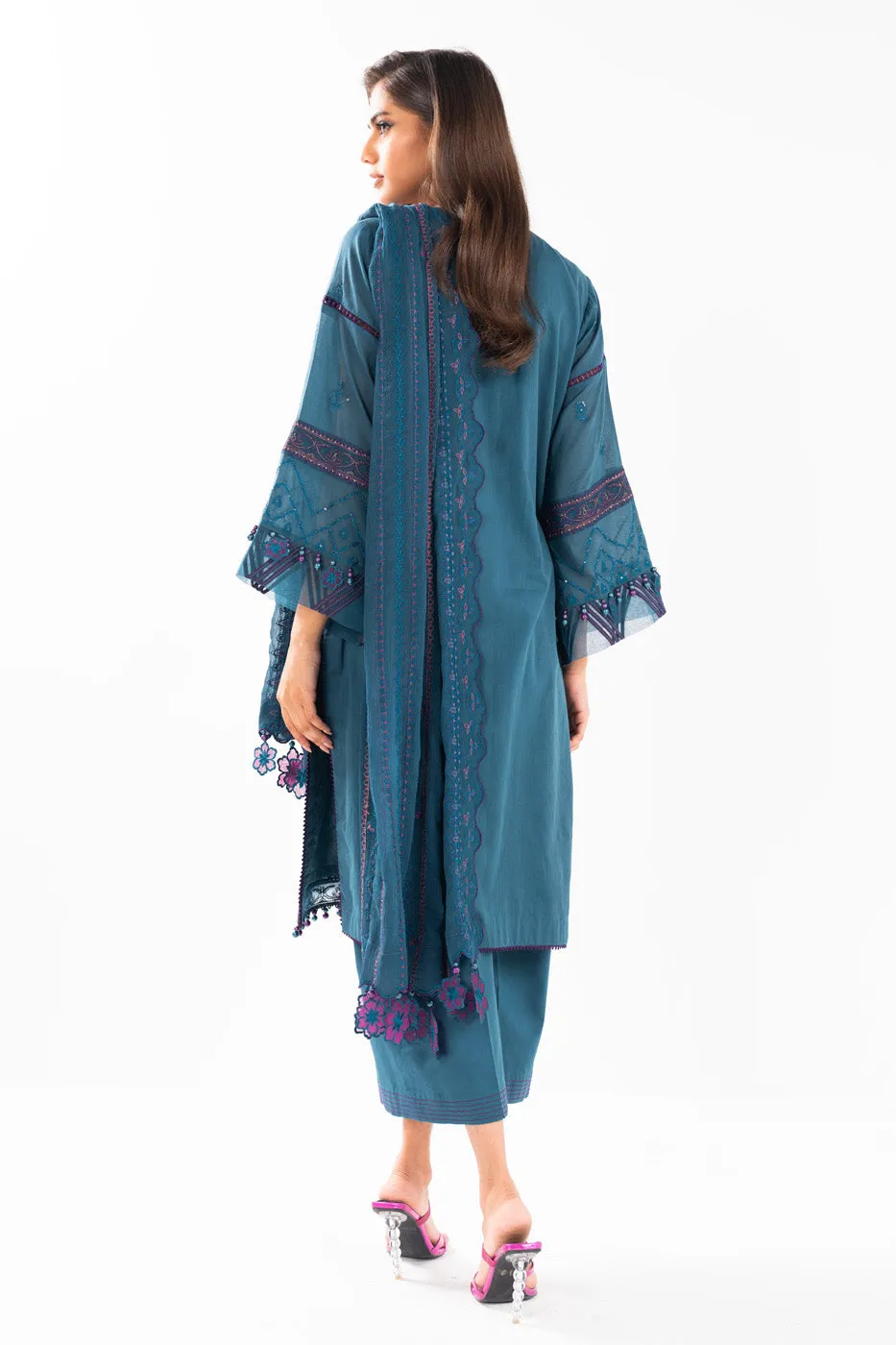 3 Pc Embroidered Lawn Suit With Chiffon Dupatta