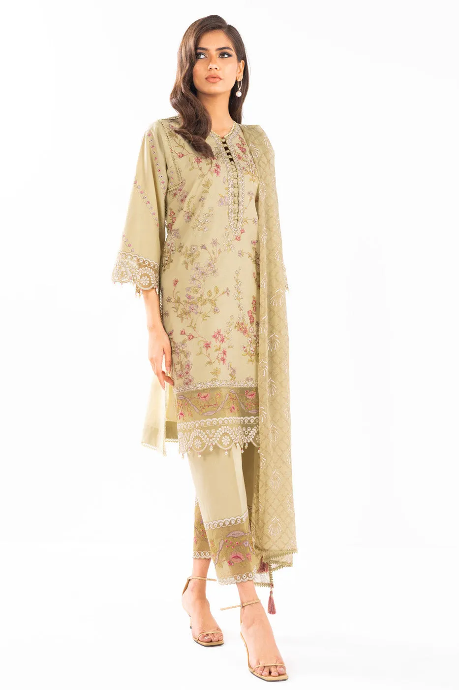 3 Pc Embroidered Lawn Suit With Chiffon Dupatta