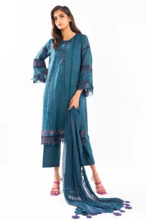 3 Pc Embroidered Lawn Suit With Chiffon Dupatta