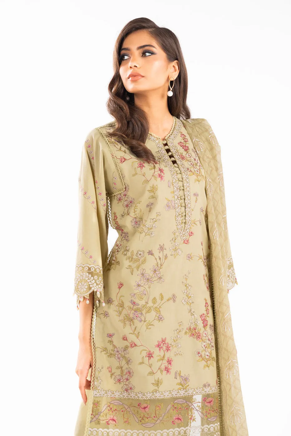 3 Pc Embroidered Lawn Suit With Chiffon Dupatta