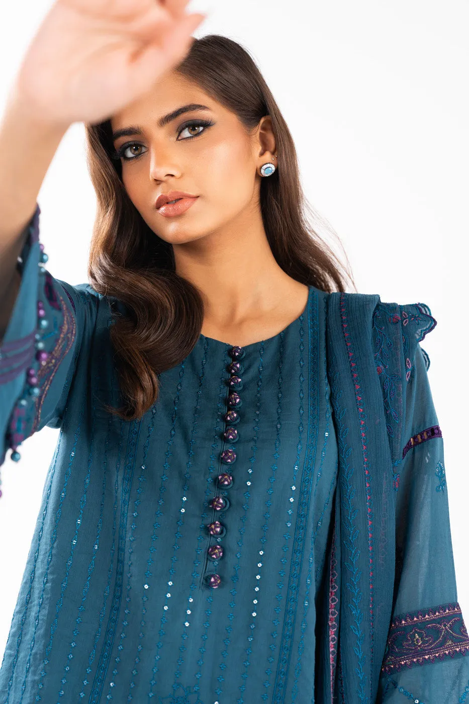3 Pc Embroidered Lawn Suit With Chiffon Dupatta