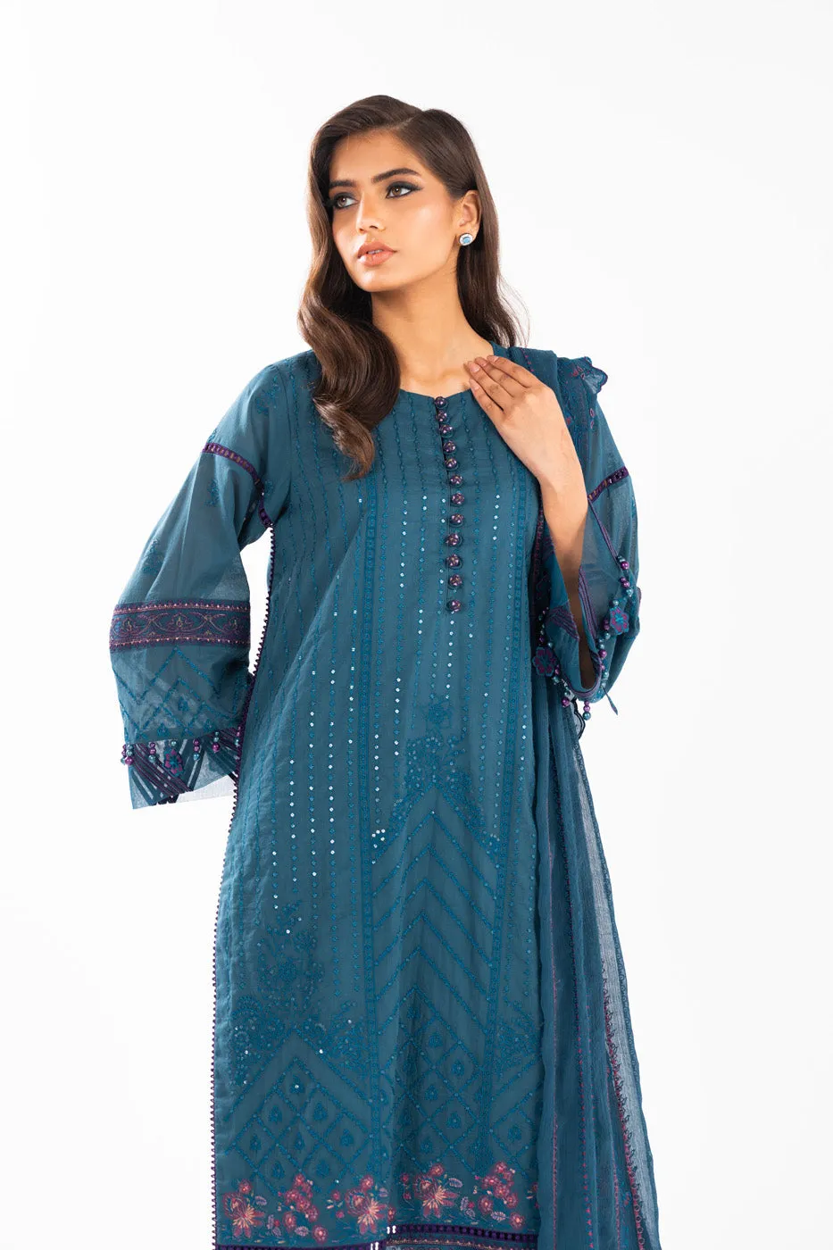 3 Pc Embroidered Lawn Suit With Chiffon Dupatta