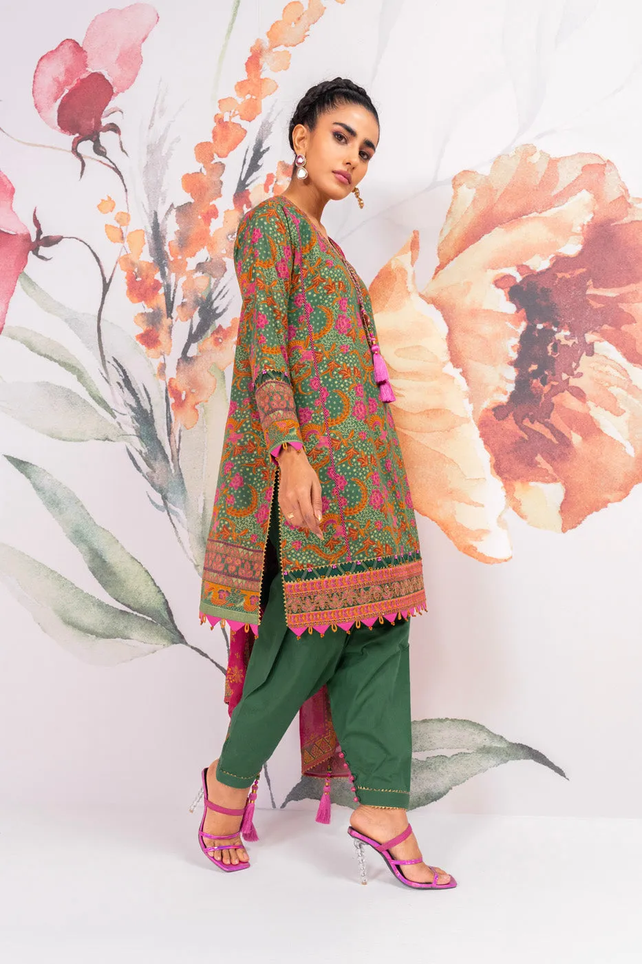 3 Pc Embroidered Thick Lawn Suit With Chiffon Dupatta