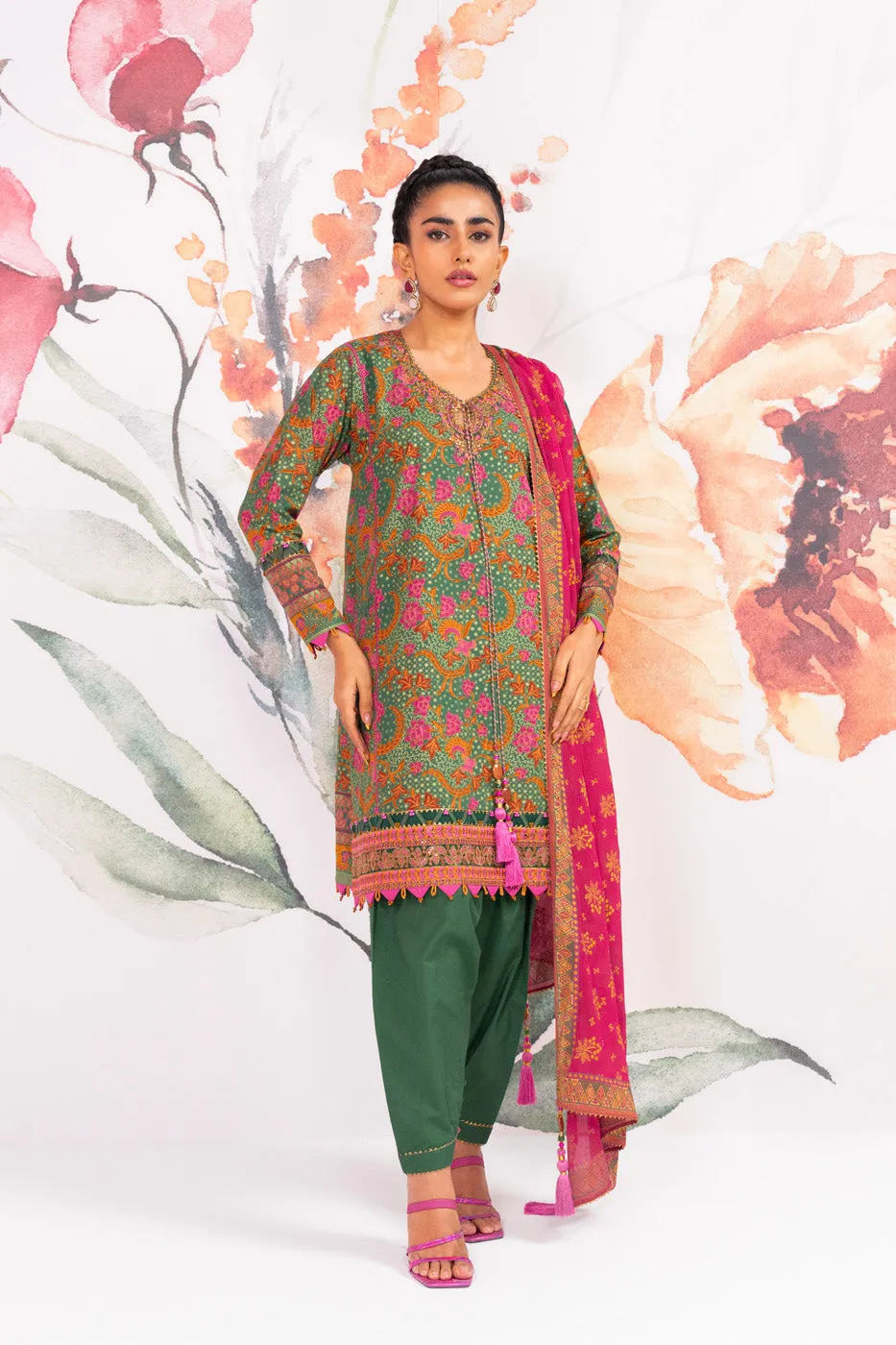 3 Pc Embroidered Thick Lawn Suit With Chiffon Dupatta