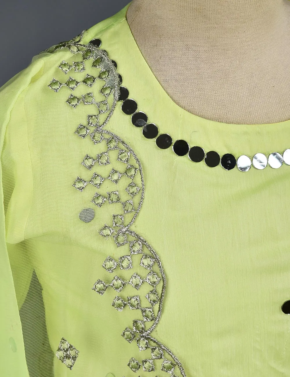 3 Pc Stitched Paper Cotton Suit with Net Embroidered Dupatta and Cotton Mirror Bottom Trouser - Mirror Glow (RTW-11-Lemon)