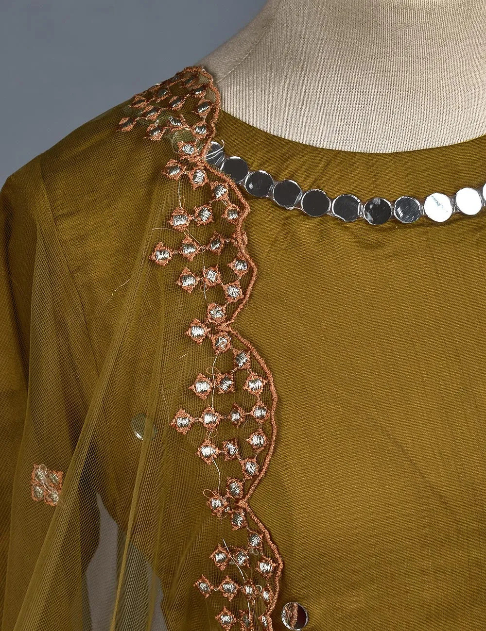 3 Pc Stitched Paper Cotton Suit with Net Embroidered Dupatta and Cotton Mirror Bottom Trouser - Mirror Glow (RTW-13-Mustard)
