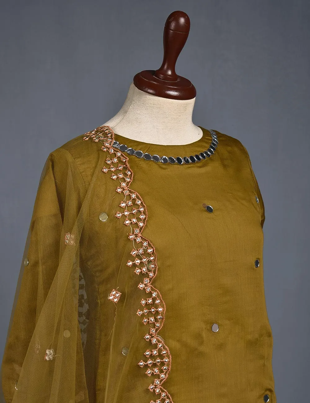 3 Pc Stitched Paper Cotton Suit with Net Embroidered Dupatta and Cotton Mirror Bottom Trouser - Mirror Glow (RTW-13-Mustard)