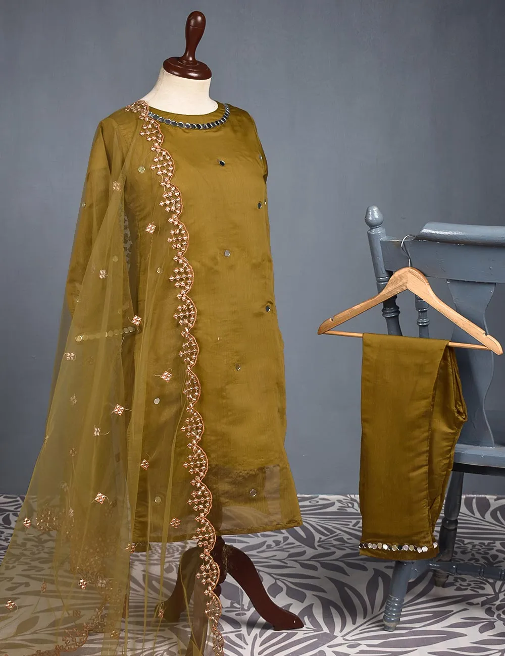 3 Pc Stitched Paper Cotton Suit with Net Embroidered Dupatta and Cotton Mirror Bottom Trouser - Mirror Glow (RTW-13-Mustard)
