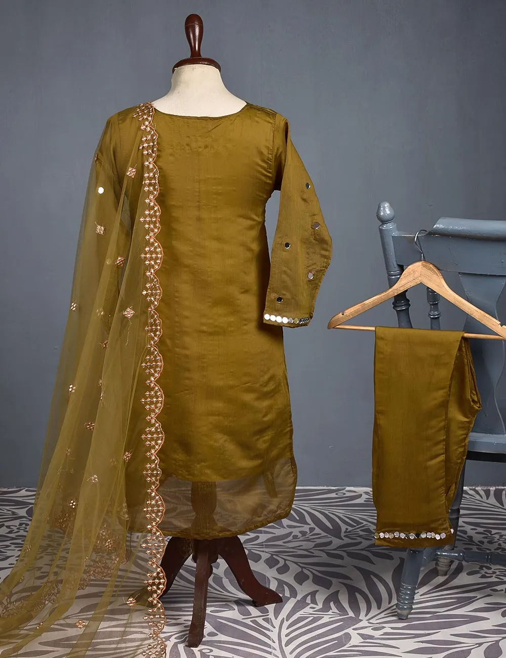 3 Pc Stitched Paper Cotton Suit with Net Embroidered Dupatta and Cotton Mirror Bottom Trouser - Mirror Glow (RTW-13-Mustard)