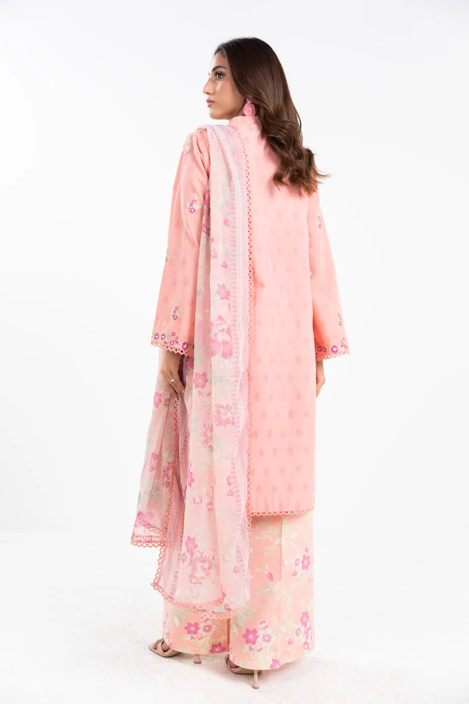 3 Piece  Embroidered Dyed Self Jacquard Suit With Printed Chiffon Dupatta