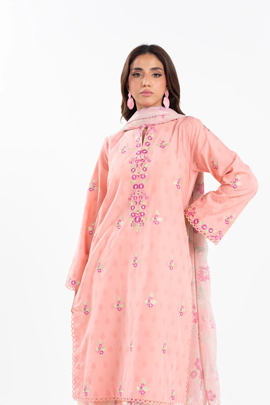 3 Piece  Embroidered Dyed Self Jacquard Suit With Printed Chiffon Dupatta