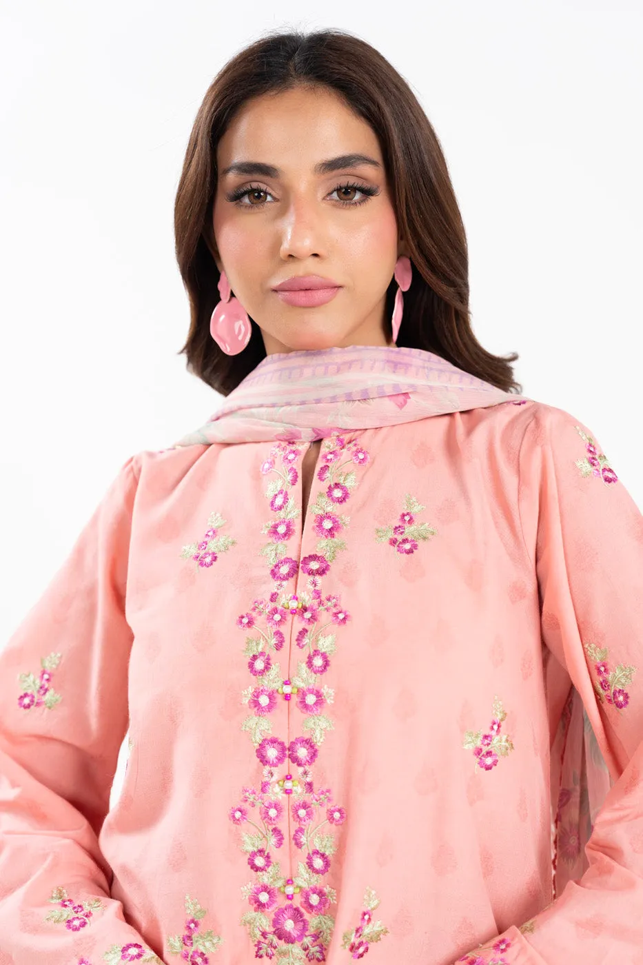 3 Piece  Embroidered Dyed Self Jacquard Suit With Printed Chiffon Dupatta