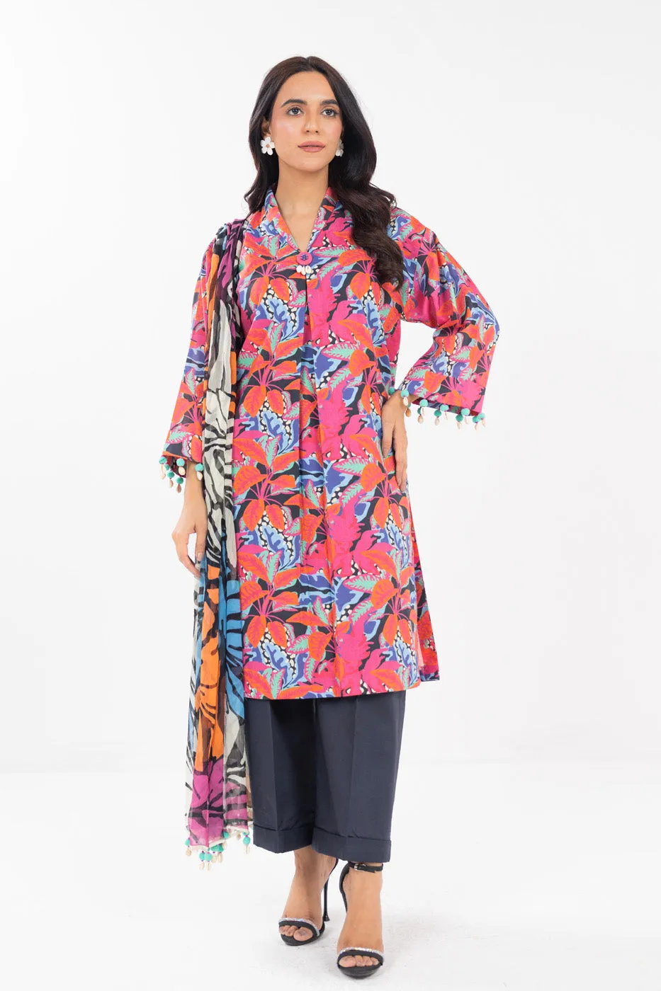 3 Piece  Printed Lawn Suit With Printed Chiffon Dupatta