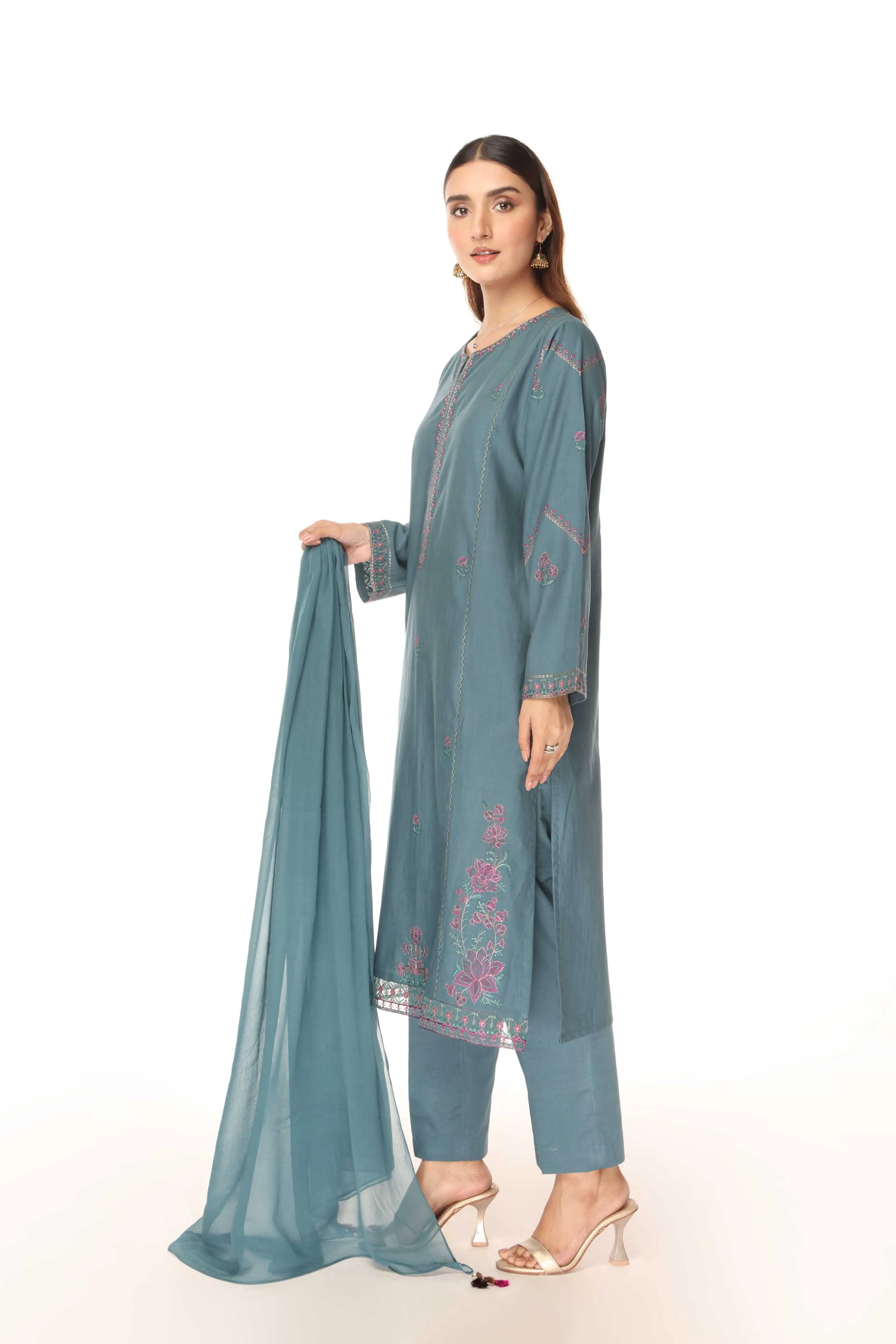 3 Piece Slub Khaddar Embroidered Suit (BA0065)