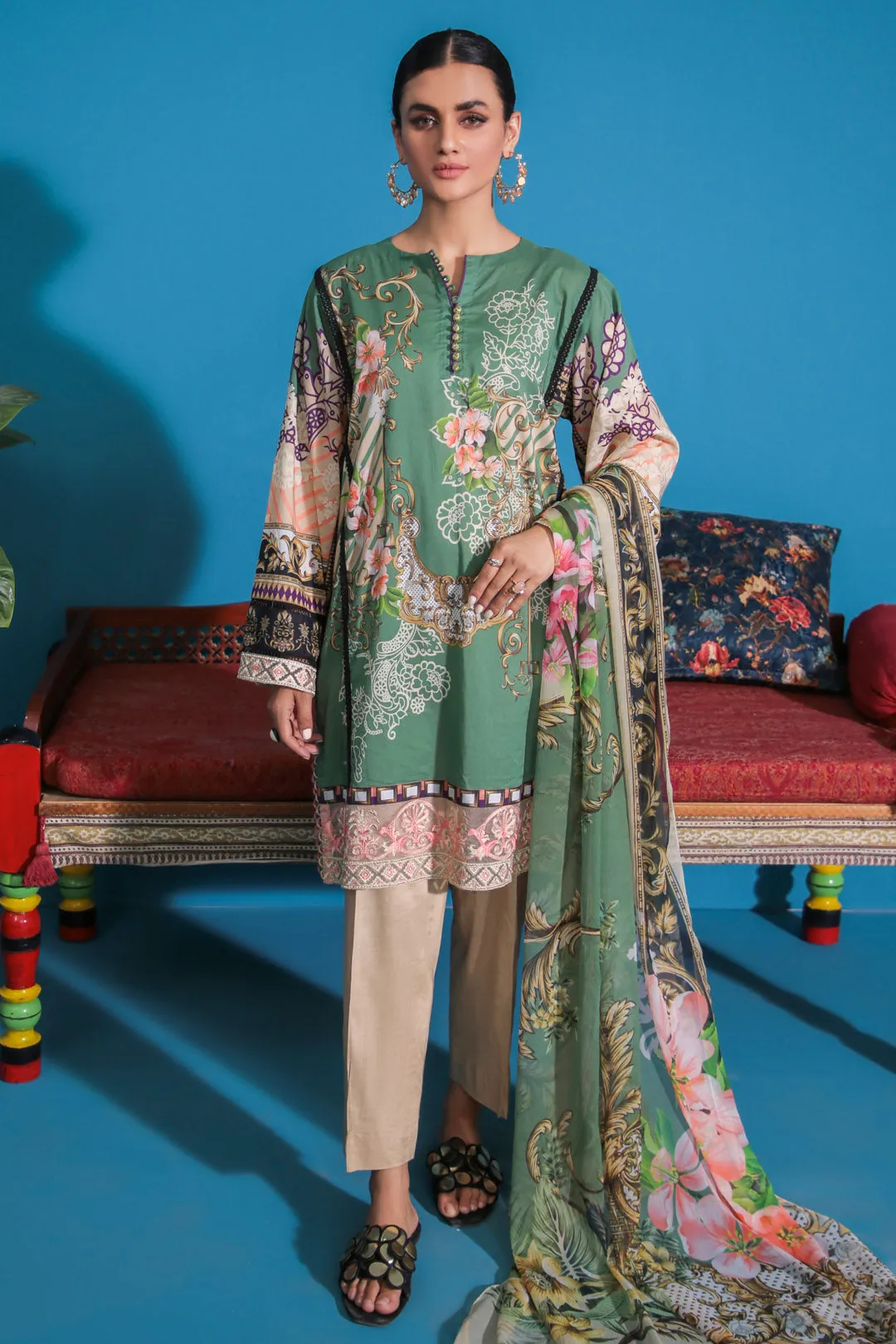 3PC Digital Printed Embroidered  With Chiffon Dupata  U2162