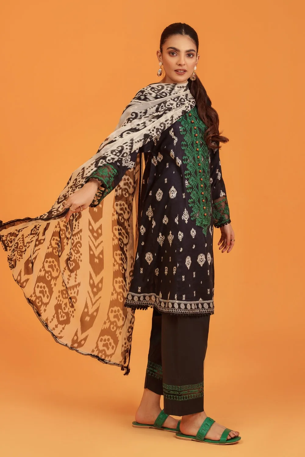 3PC Unstitched | Embroidered Lawn Shirt  Chiffon Dupatta Trouser