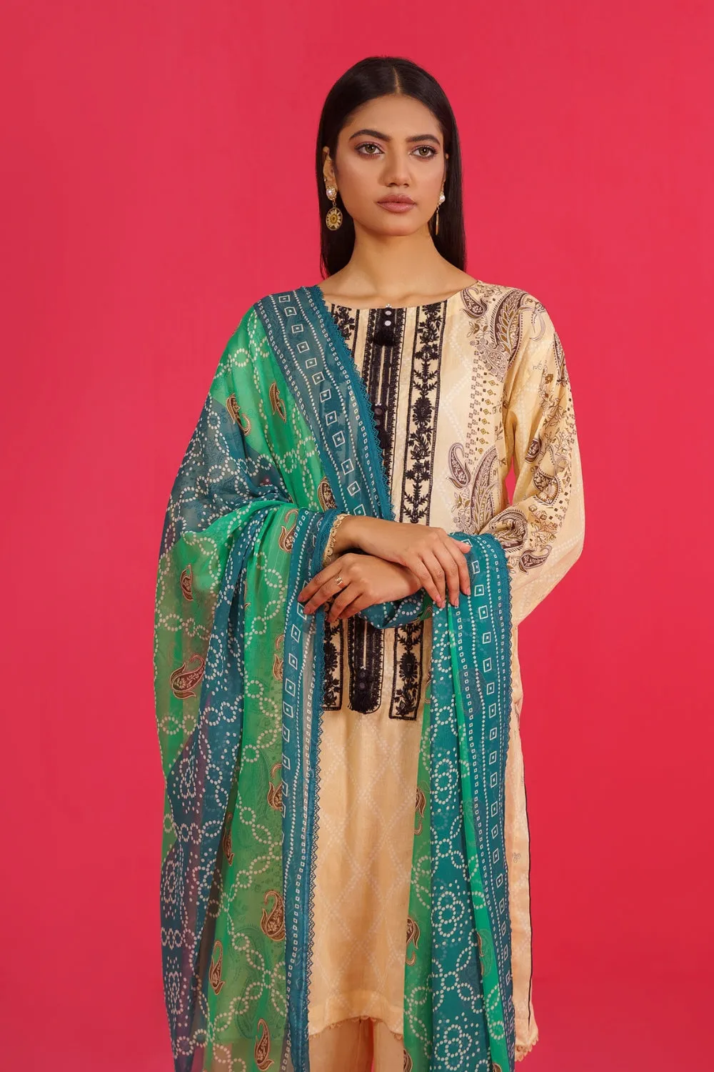 3PC Unstitched | Embroidered Lawn Shirt  Chiffon Dupatta Trouser