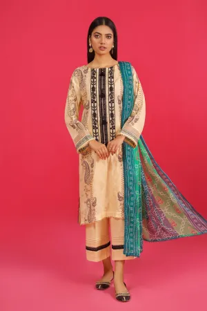 3PC Unstitched | Embroidered Lawn Shirt  Chiffon Dupatta Trouser