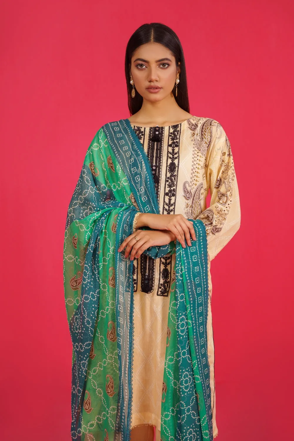 3PC Unstitched | Embroidered Lawn Shirt  Chiffon Dupatta Trouser