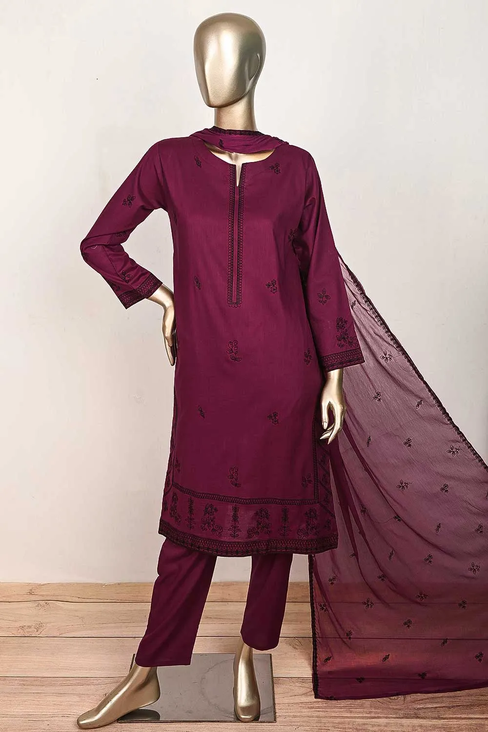 3SP-19A-Magenta - 3PC COTTON EMBROIDERED Dress With Chiffon Embroidered Dupatta