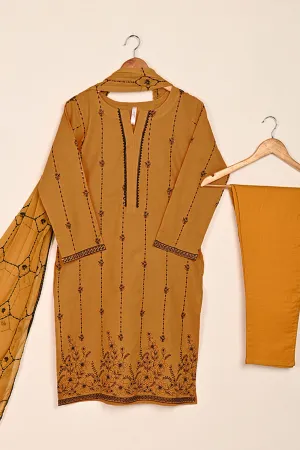 3SP-20A-Mustard - 3PC COTTON EMBROIDERED Dress With Chiffon Embroidered Dupatta