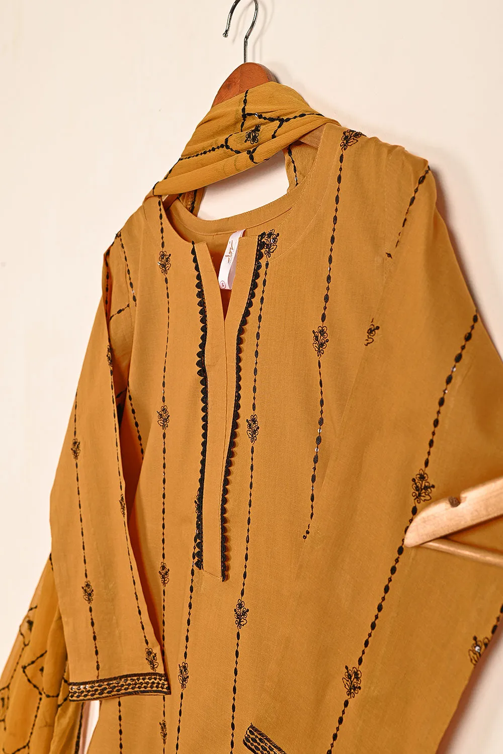 3SP-20A-Mustard - 3PC COTTON EMBROIDERED Dress With Chiffon Embroidered Dupatta