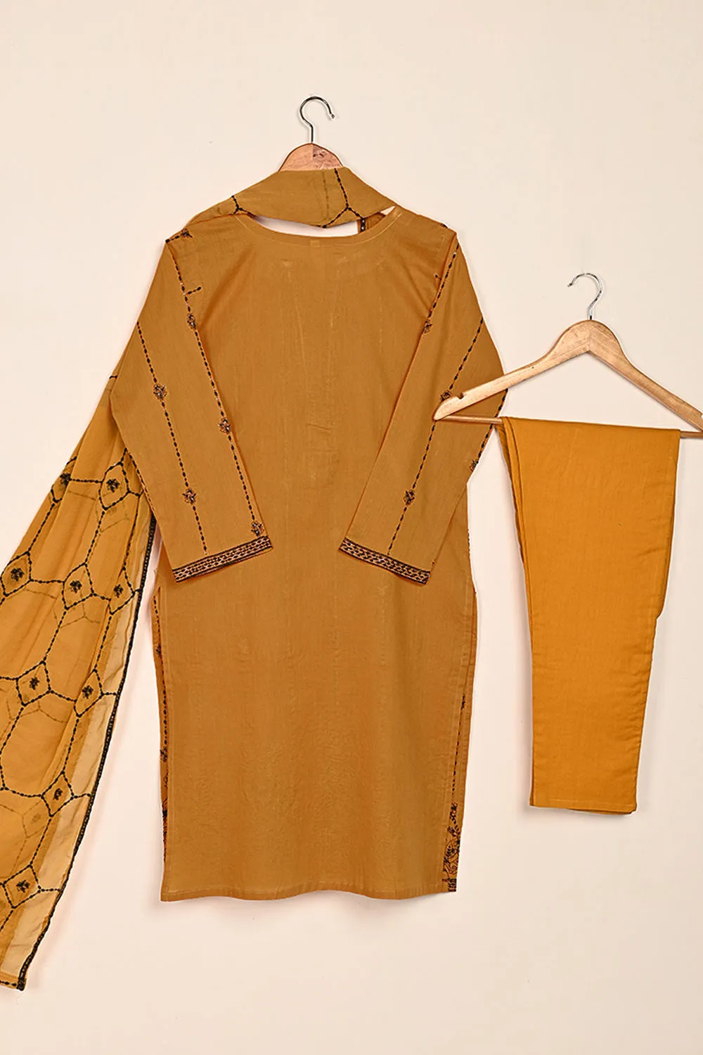 3SP-20A-Mustard - 3PC COTTON EMBROIDERED Dress With Chiffon Embroidered Dupatta