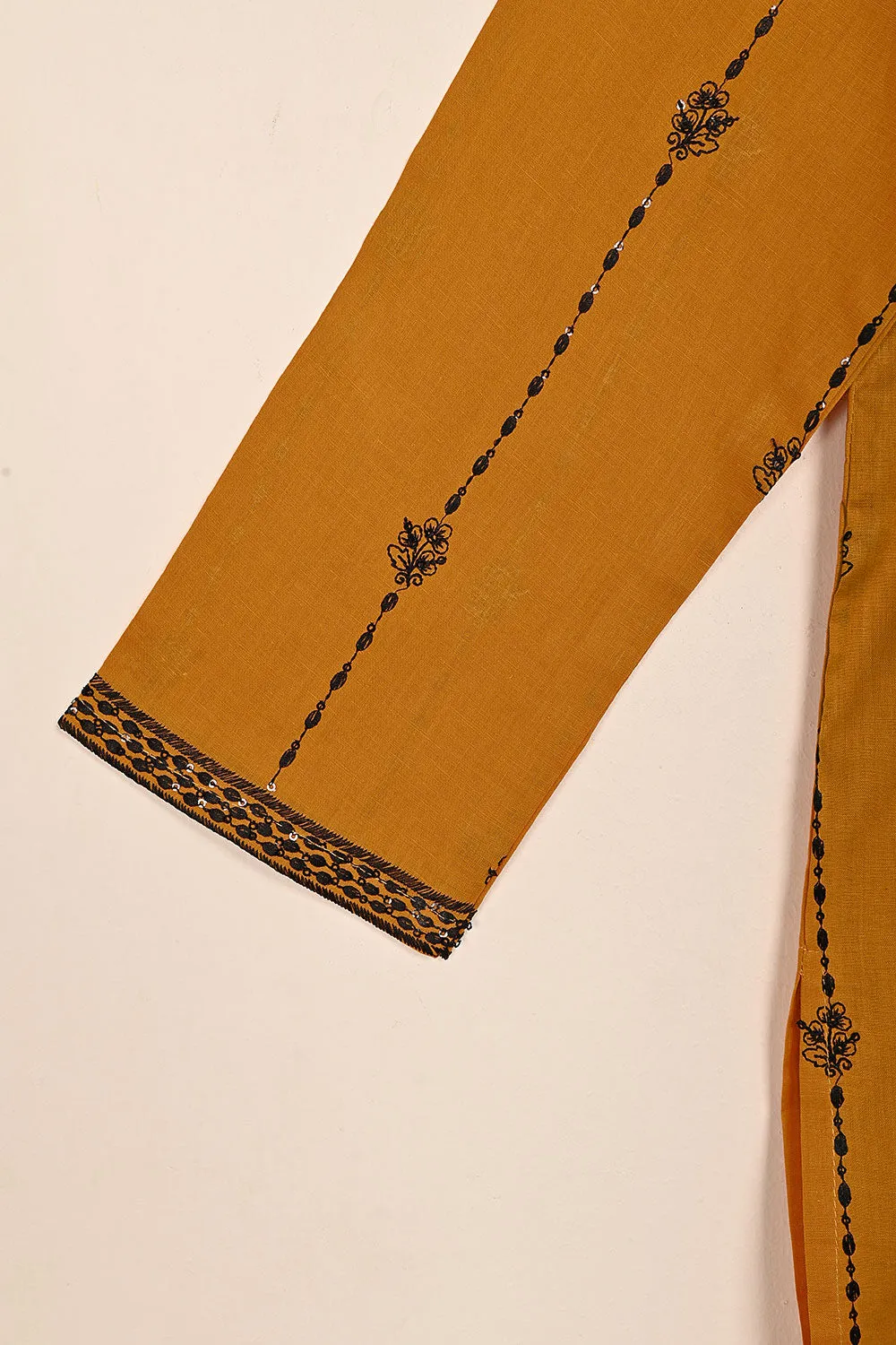 3SP-20A-Mustard - 3PC COTTON EMBROIDERED Dress With Chiffon Embroidered Dupatta