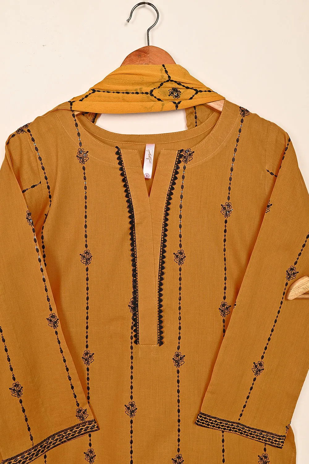 3SP-20A-Mustard - 3PC COTTON EMBROIDERED Dress With Chiffon Embroidered Dupatta