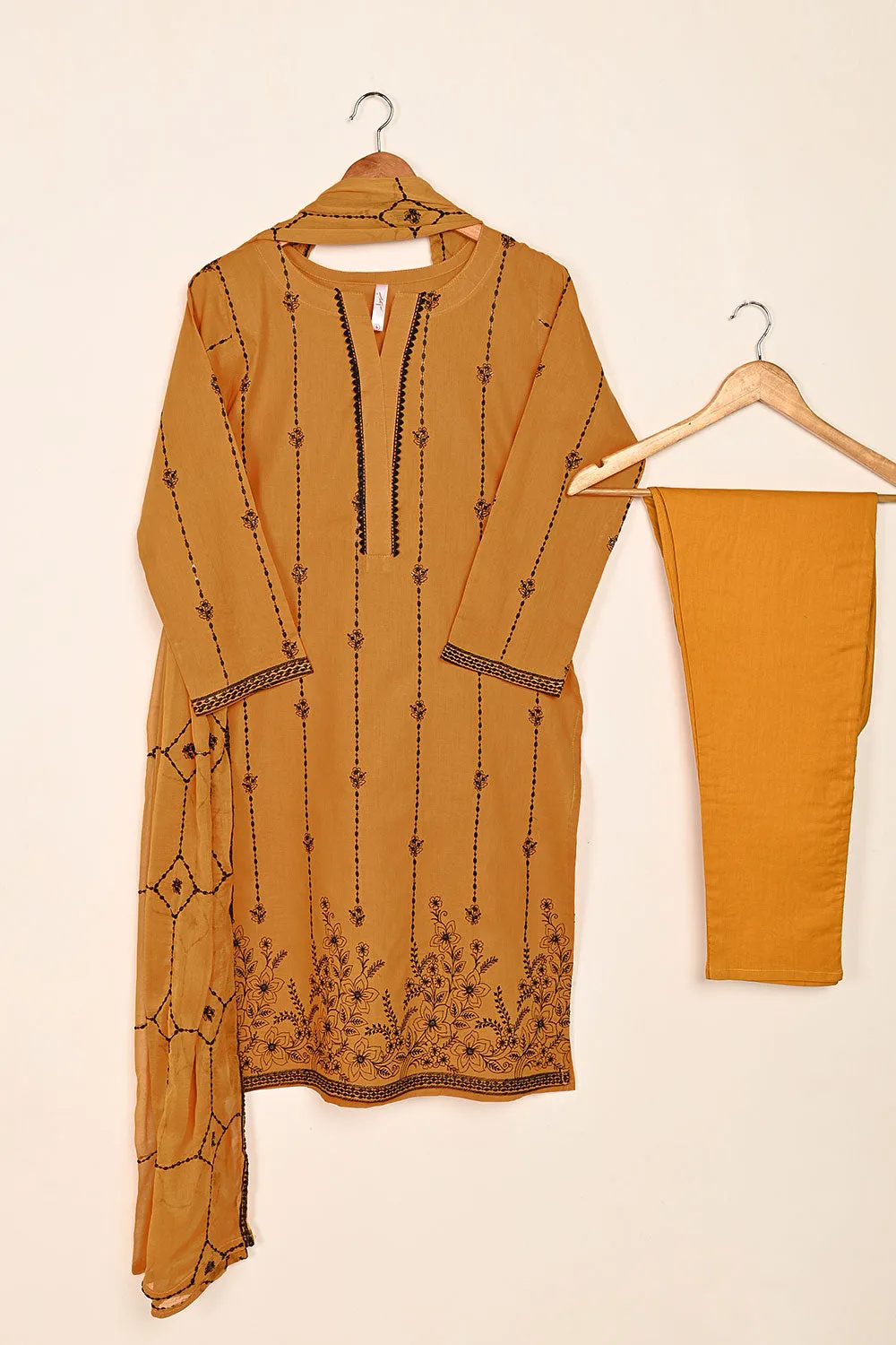 3SP-20A-Mustard - 3PC COTTON EMBROIDERED Dress With Chiffon Embroidered Dupatta