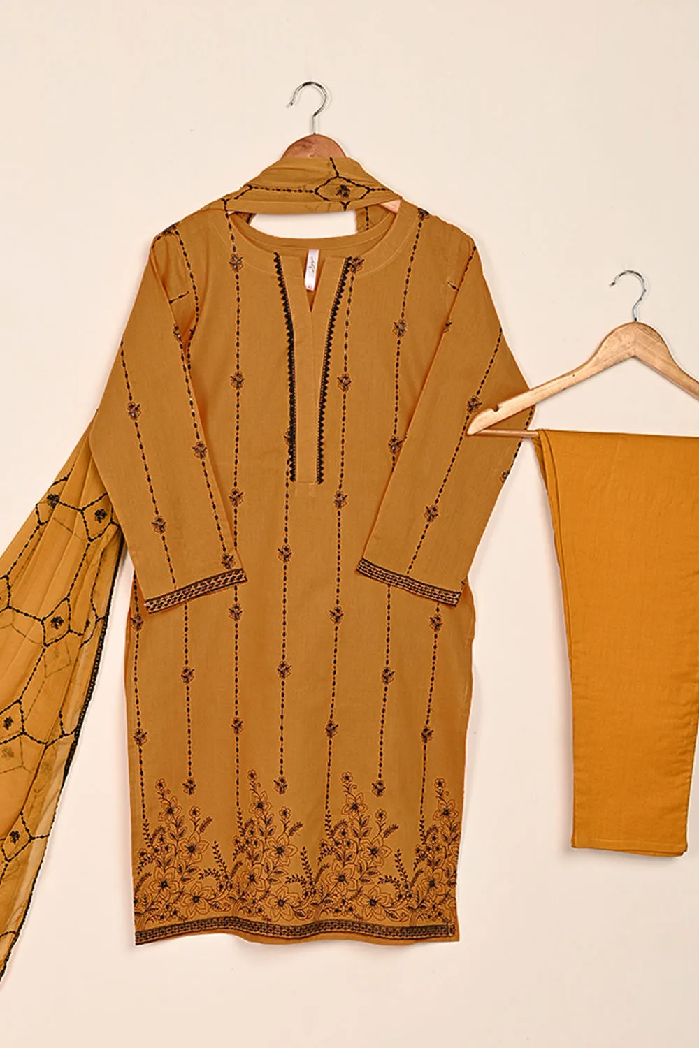 3SP-20A-Mustard - 3PC COTTON EMBROIDERED Dress With Chiffon Embroidered Dupatta