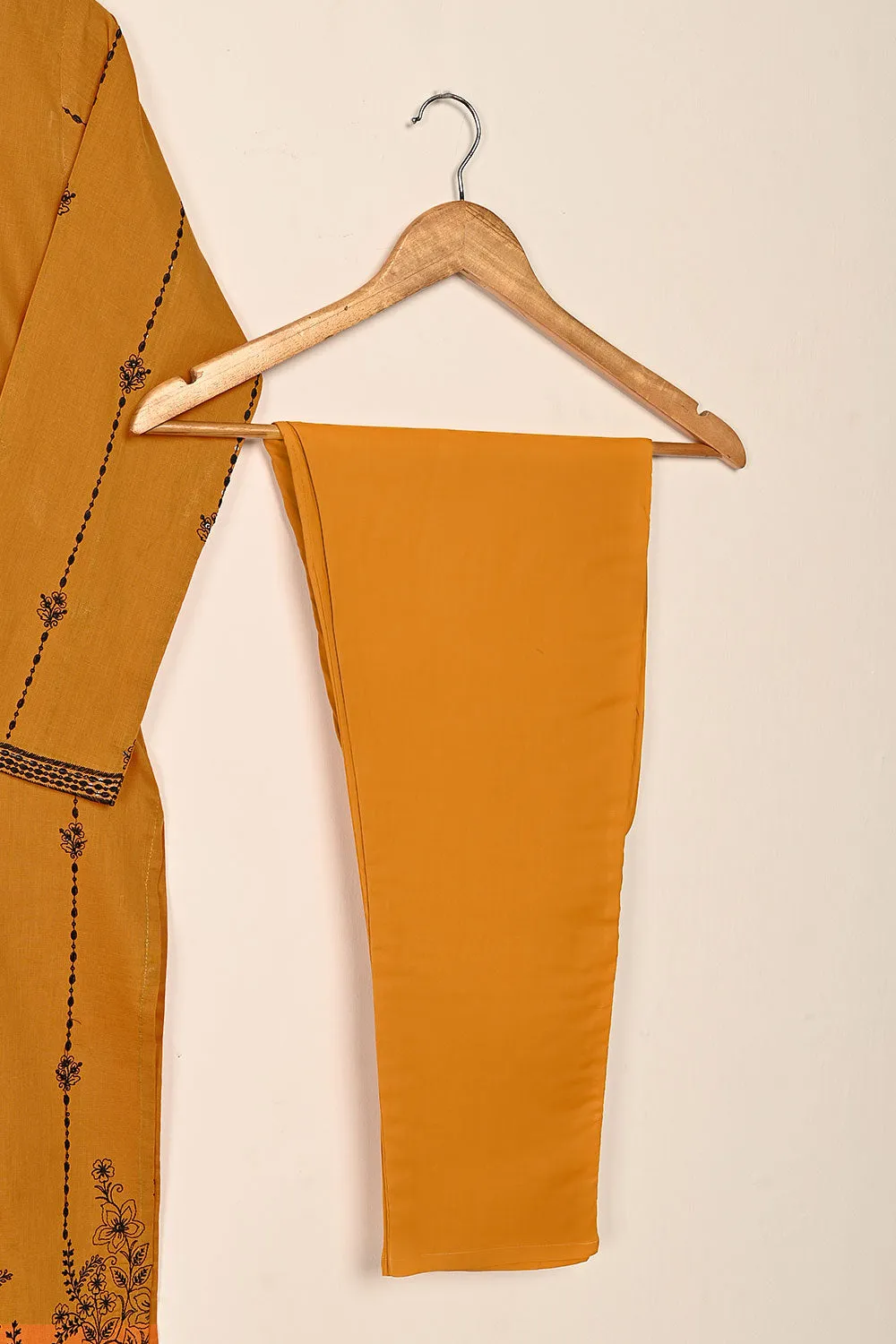3SP-20A-Mustard - 3PC COTTON EMBROIDERED Dress With Chiffon Embroidered Dupatta