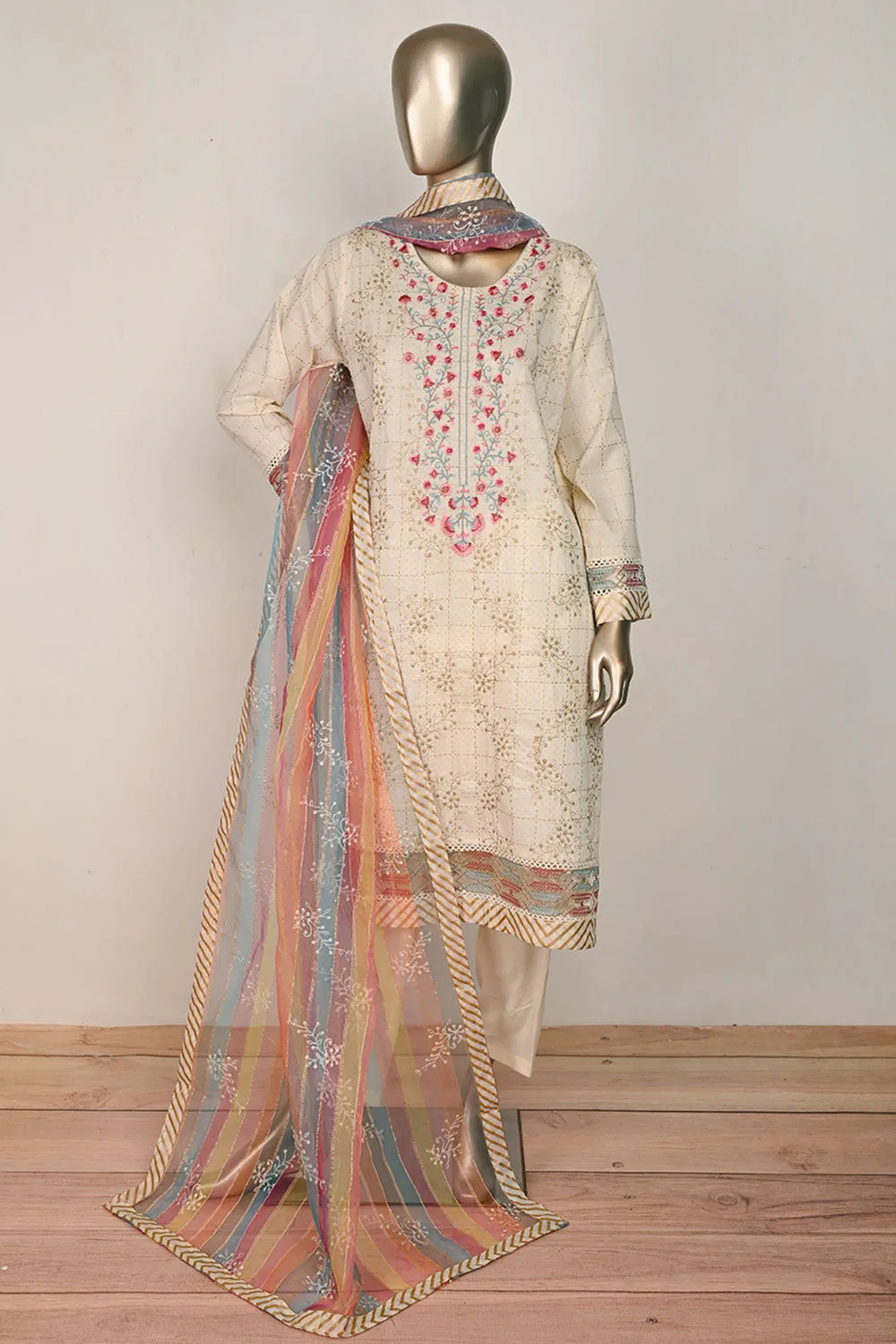 3SP-21A-Pink- 3PC COTTON EMBROIDERED Dress With Printed Organza Dupatta