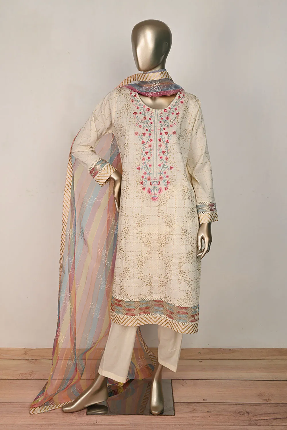3SP-21A-Pink- 3PC COTTON EMBROIDERED Dress With Printed Organza Dupatta