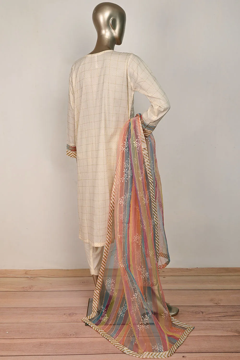 3SP-21A-Pink- 3PC COTTON EMBROIDERED Dress With Printed Organza Dupatta