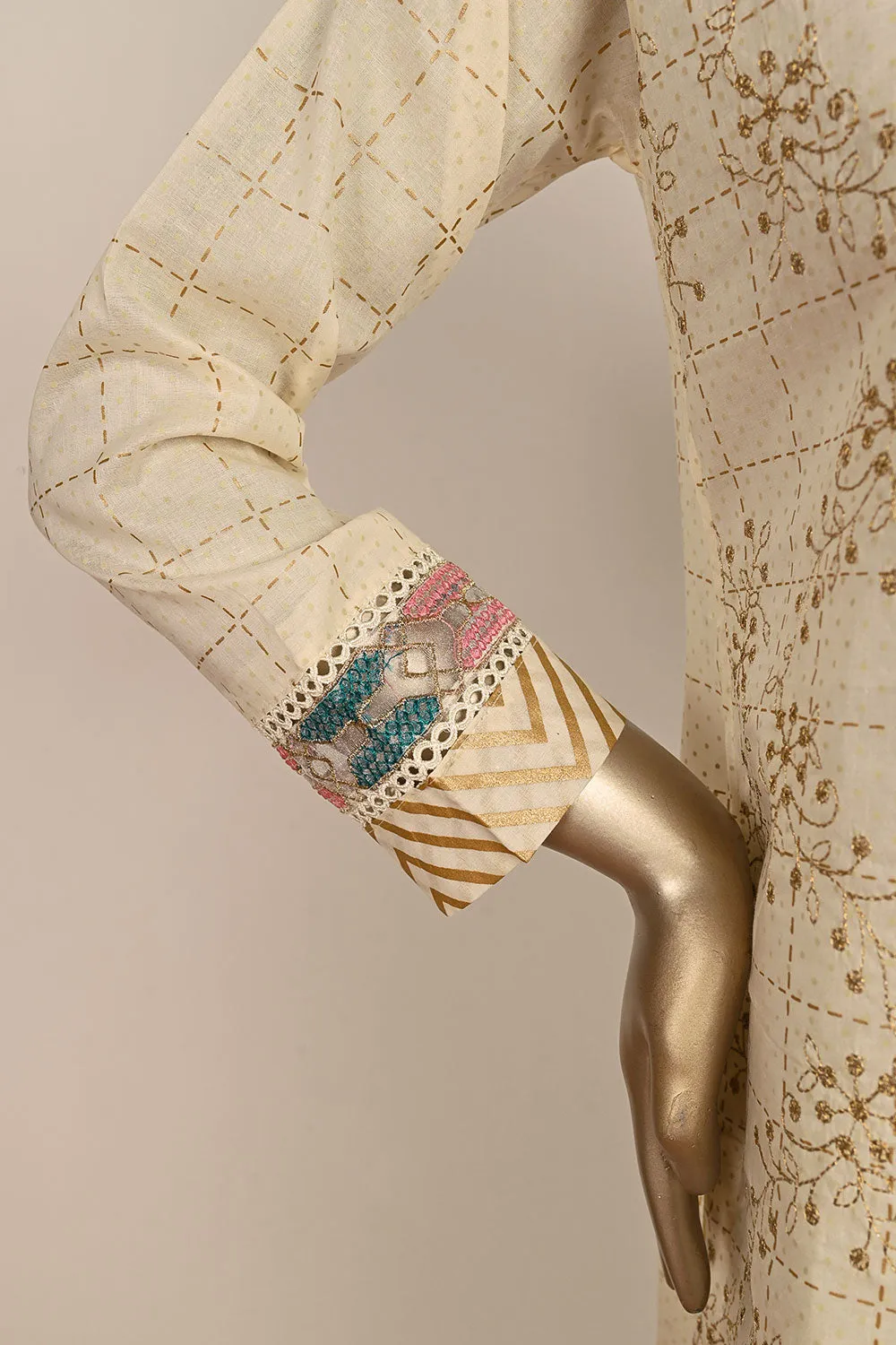 3SP-21B-Cream- 3PC COTTON EMBROIDERED Dress With Printed Organza Dupatta
