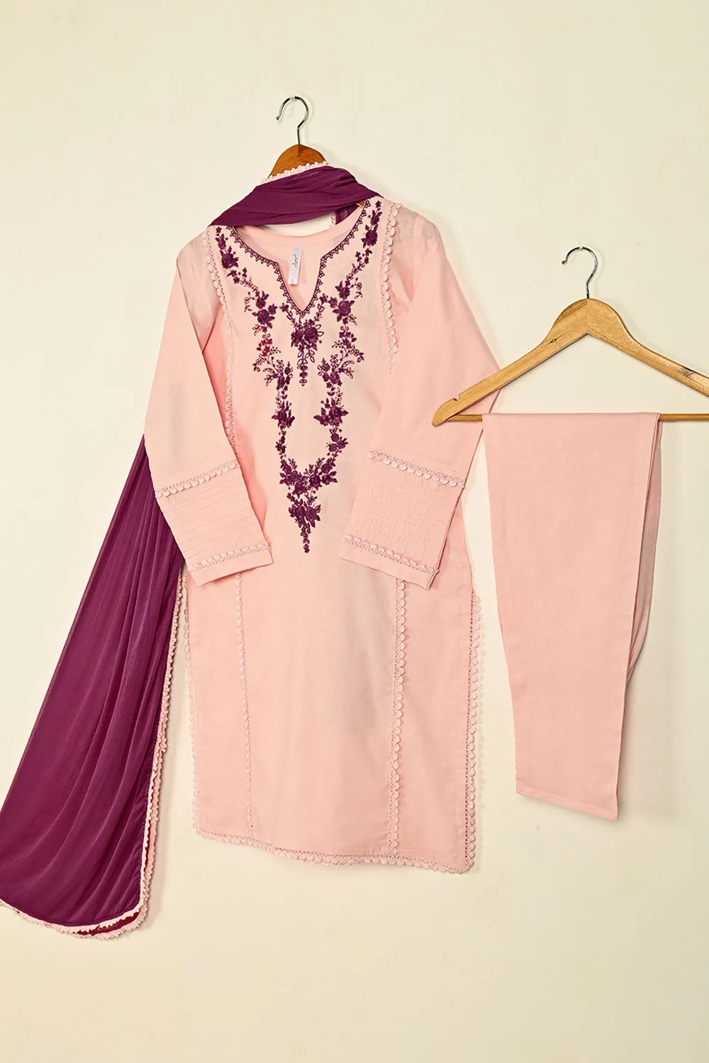 3SP-25B-Pink- 3PC COTTON EMBROIDERED DRESS