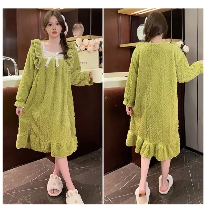 5XL Large SIze Winter Flannel Nightgown Women's  Plush Pajamas Sweet Princess Style Long-sleeved Midi Home Sleep Dress Outwear