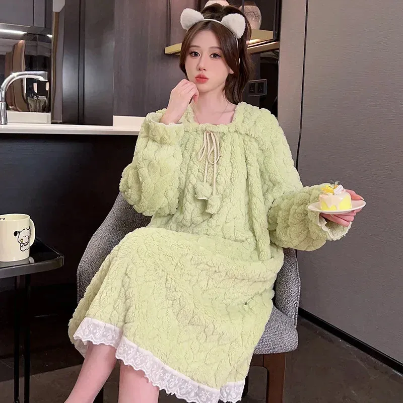 5XL Plus Size Women Winter Nightgown Sweet Coral Velvet Long Sleepwear Warm Home Clothes Fleece-Lined Thickened Robe Sleep Dress