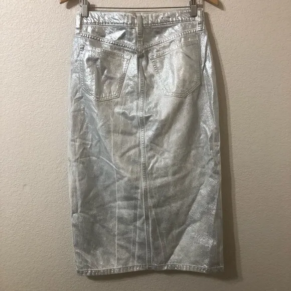 Abercrombie &amp; Fitch Metallic Denim Midi Skirt Silver White Y2K - Size 27/4
