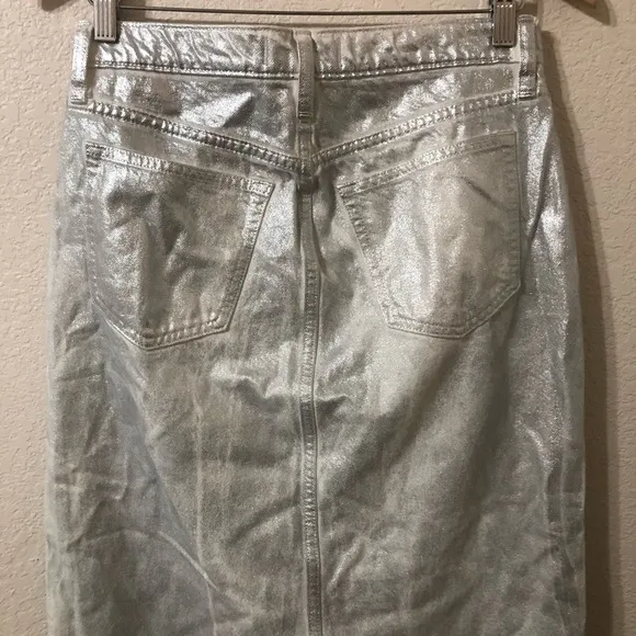 Abercrombie &amp; Fitch Metallic Denim Midi Skirt Silver White Y2K - Size 27/4