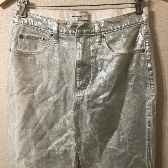 Abercrombie &amp; Fitch Metallic Denim Midi Skirt Silver White Y2K - Size 27/4