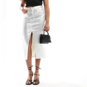 Abercrombie &amp; Fitch Metallic Denim Midi Skirt Silver White Y2K - Size 27/4