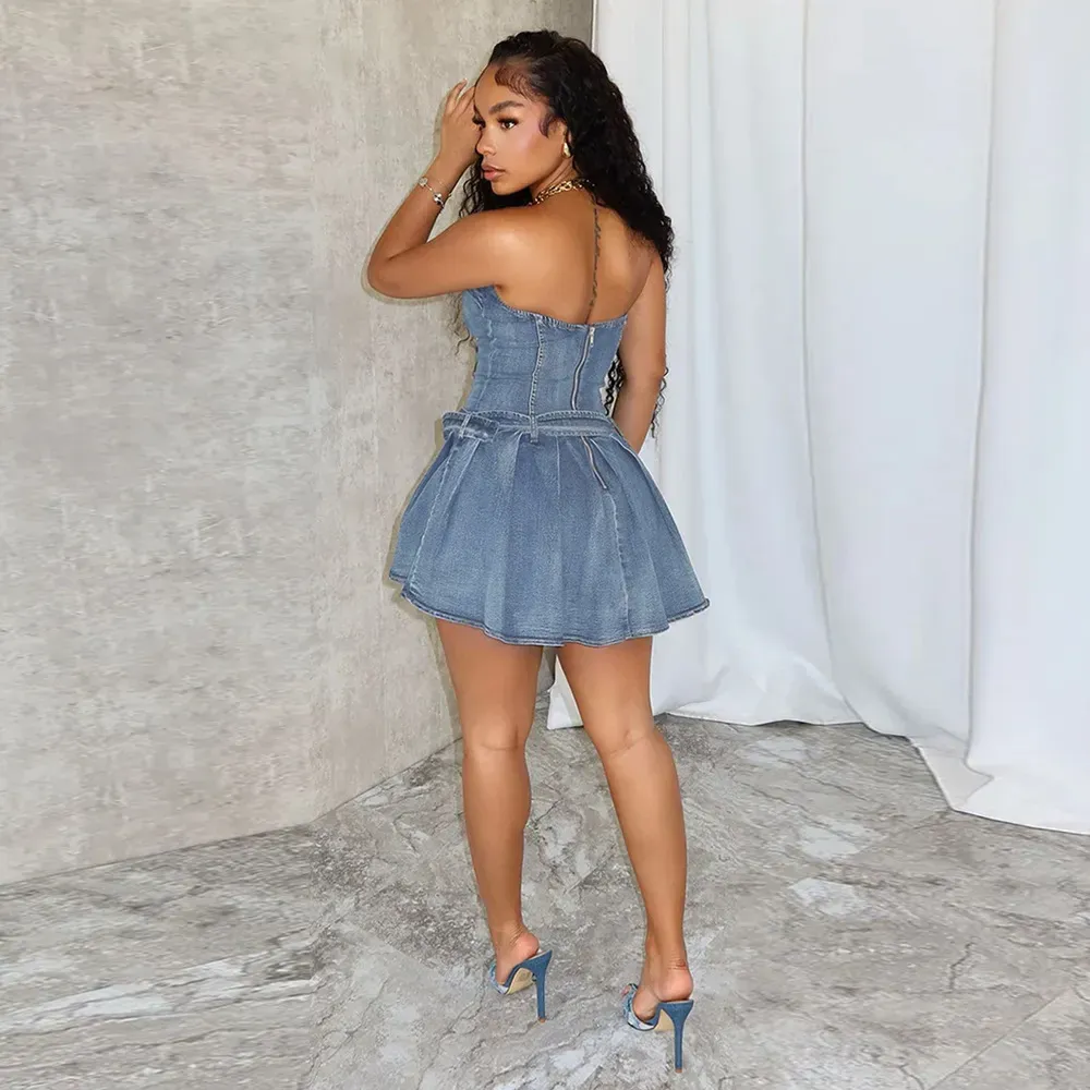 Adriana Strapless Corset Flared Denim Mini Dress